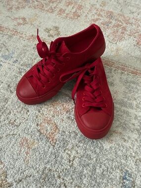 Monochromatic Suede Red Sneakers | Low-Top Lace Up-Size 7